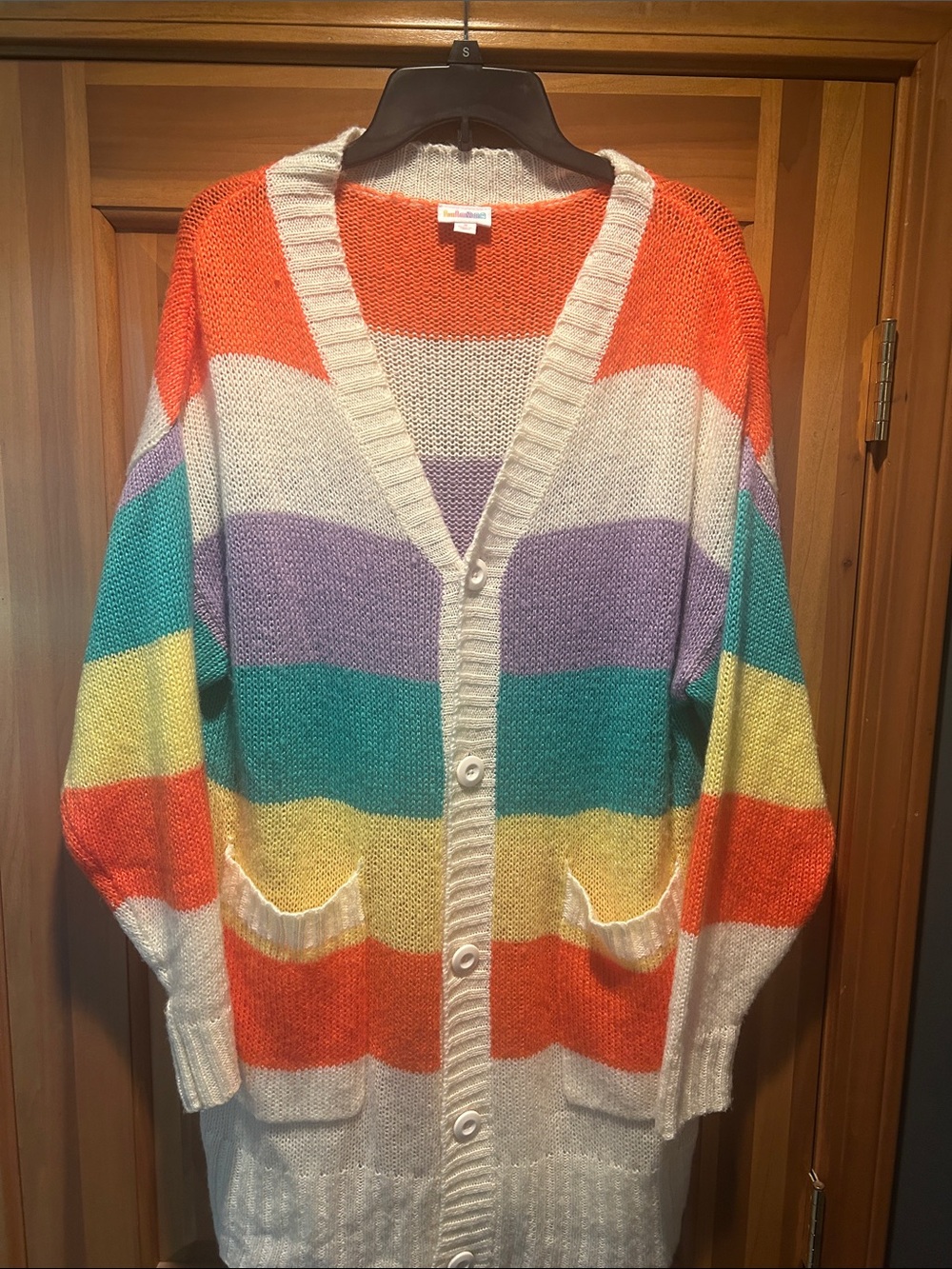 Slouchy Oversized Hippie Boho Bright Striped V-Neck Button Cardigan Sweater